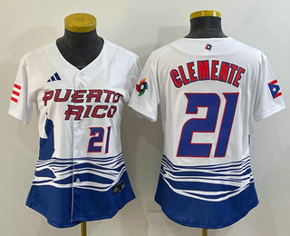 Womens Puerto Rico Baseball #21 Roberto Clemente Number 2023 White World Classic Stitched Jerseys->2023 world baseball classic->MLB Jersey